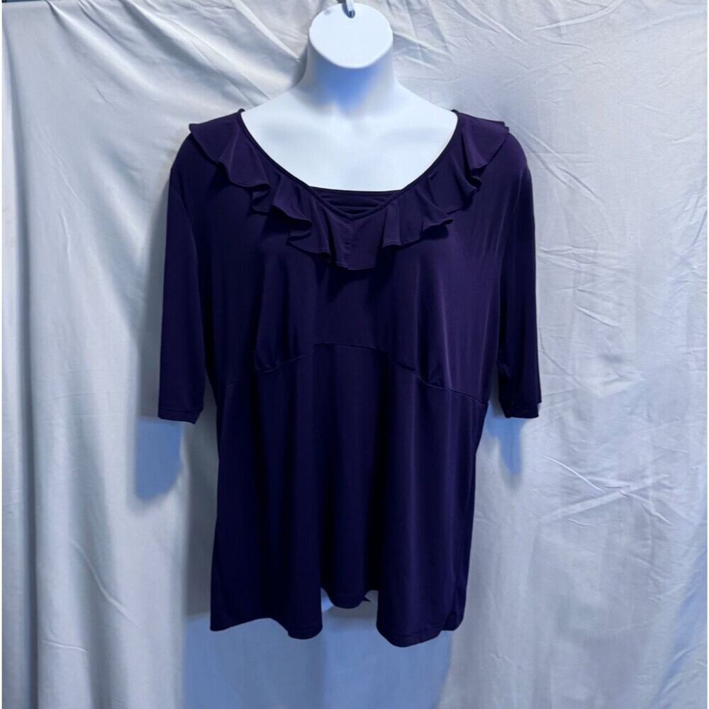 Purple Ruffle Scoop Neck Empire Waist Tunic Top, Elbow Sleeve Blouse Plus Size